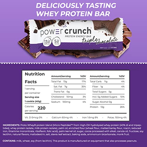 Power Crunch Whey Protein Bars, High Protein Snacks with Delicious Taste, Triple Chocolate, 1.4 Ounce (12 Count)