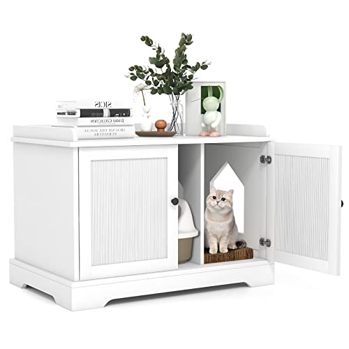 Tangkula Cat Litter Box Enclosure with Cat Scratching Pad, Adjustable Divider, Hidden Cat Washroom, Indoor Cat House End Table, Cat Box Cabinet Storage Bench, Large Double Litter Box Furniture (White)