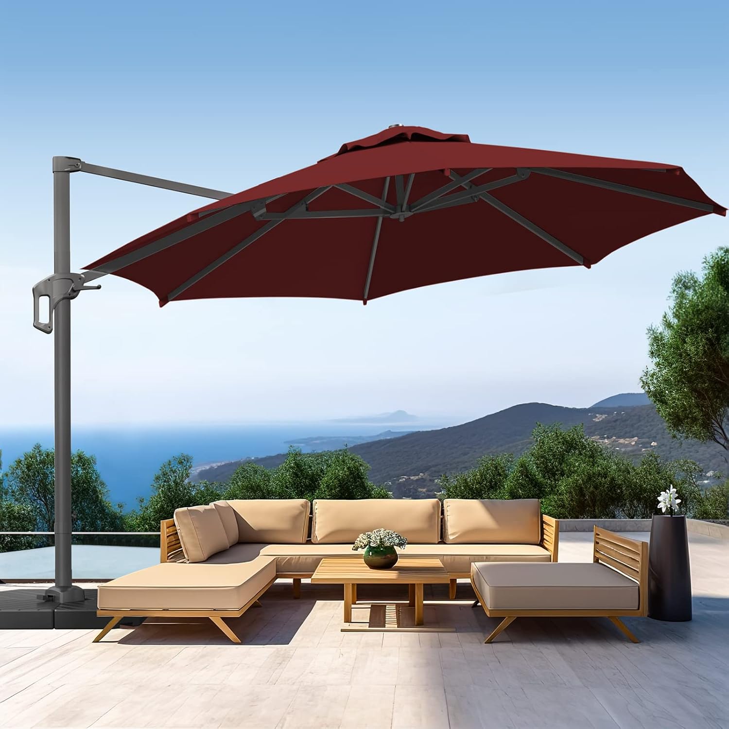 Viney Patio Umbrellas 12Ft Outdoor Offset Cantilever Umbrella, 60 Month Fade Resistance & UV Protection Outtra Recycled Fabric, 360 Rotation with Aluminum Pole for Pool Deck Garden, Burgundy