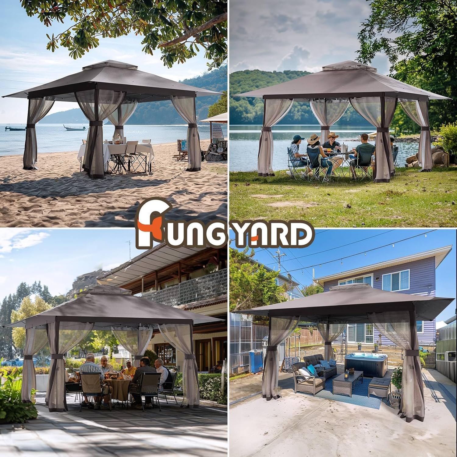 13x13 Outdoor Patio Gazebo with Mosquito Nettings - Double Roof Pop Up Canopy Tent with Wheeled Carry Bag, Outdoor Canopy Shelter for Backyard Deck Lawns Garden (13x13ft Brown)