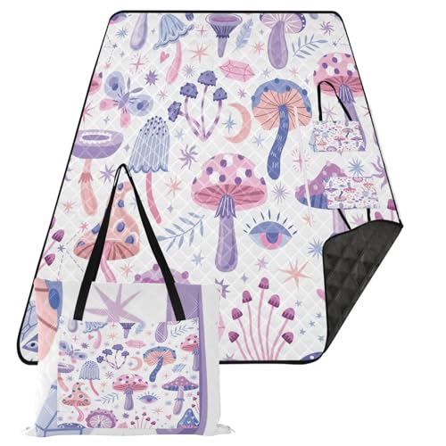 Mushroom Extra Large Picnic Outdoor Blanket, Foldable Beach Blanket Waterproof Sandproof Camping Mat for Family Travel Park Wet Grass Hiking Yoga, 60 x 80 Inch
