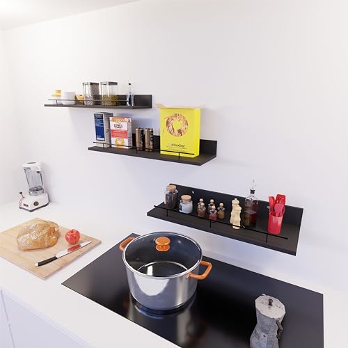 Giftgarden 16 Inch Black Floating Shelves with Black Metal Guardrail, Wood Shelves for Wall Storage Set of 3, Wall shelf for Bathroom Bedroom Living Room Kitchen Nursery