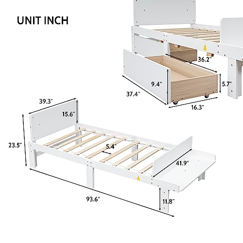 Full Size Storage Bed, Full Platform Bed with Storage Case & 2 Drawers, Solid Wood Bed Frame with Lengthwise Support Slat, Ideal for Bedroom, Guestroom, Dorm, No Box Spring Needed, White