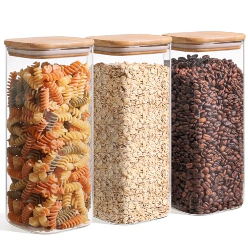 ComSaf Airtight Glass Storage Canister with Bamboo Lid (24oz/37oz/51oz) Set of 6, Clear Food Storage Container Kitchen Pantry Storage Jar for Flour Cereal Sugar Tea Coffee Beans Snacks, Square