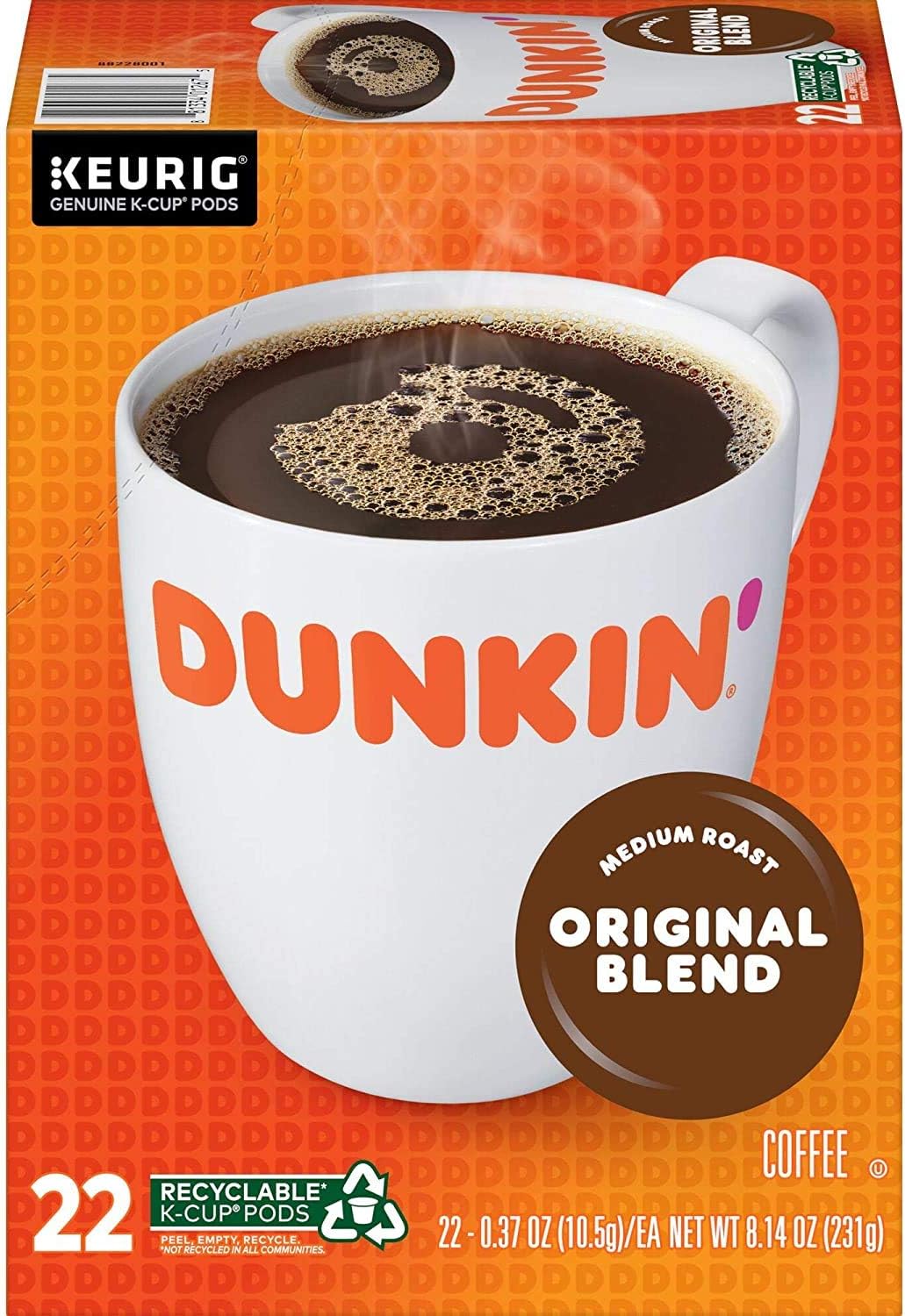 Dunkin Donuts K-Cup Pods, Original Blend, 22/box