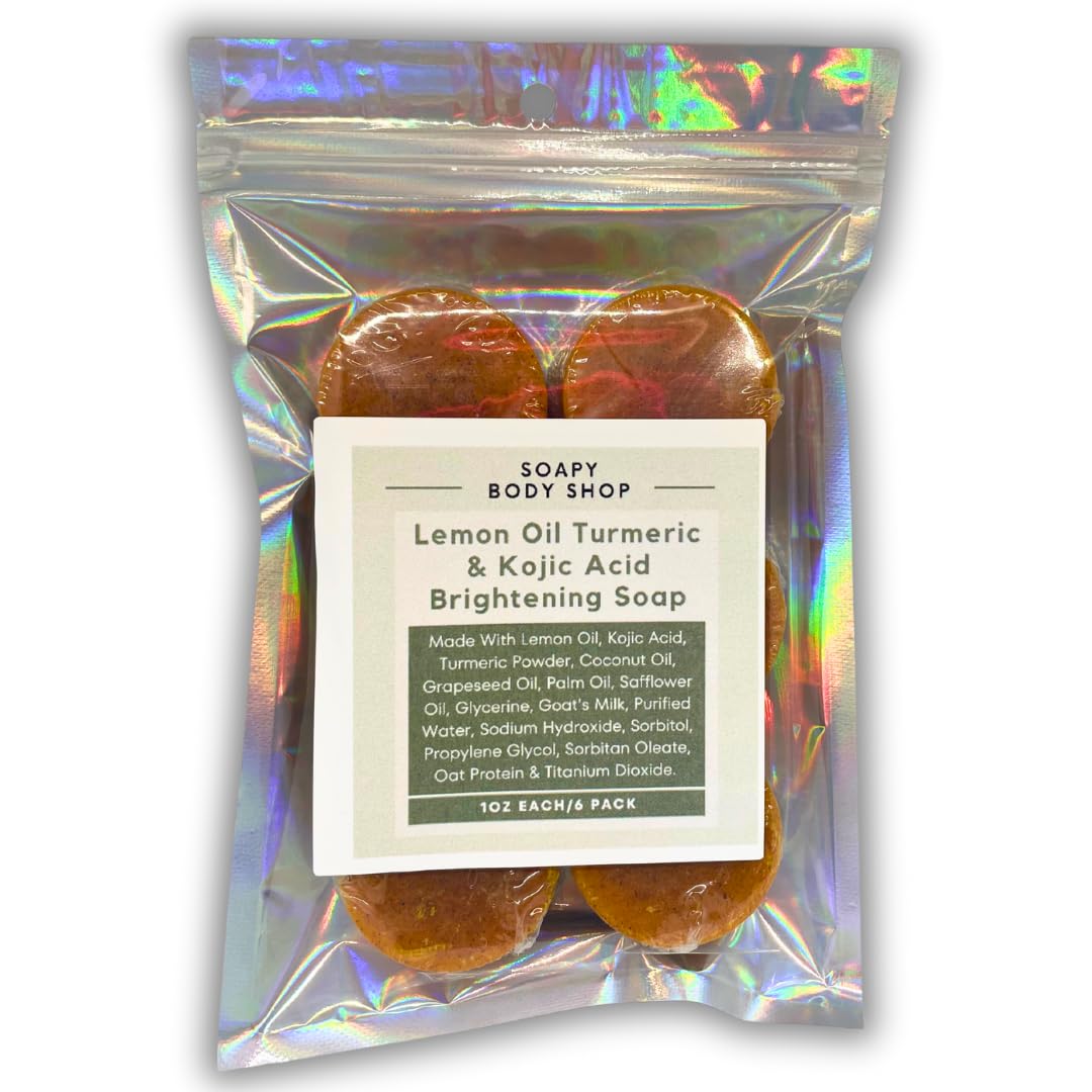 Lemon Oil Turmeric & Kojic Acid Brightening Soap, Dark Spot Remover For Face, Kojic Acid Soap For Hyperpigmentation, Even Complexion Soap, Fade Scars, Acne Scars, 6 Pack (1 Ounce)