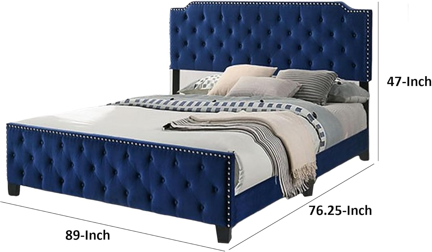 Benjara Agapi California King Bed, Button Tufted, Nailhead Trim, Upholstery, Navy Blue