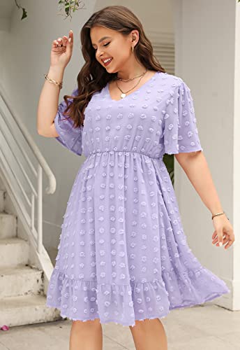 Keluummi Plus Size Wedding Guest Dresses for Curvy Women, Summer Casual Swiss Dot Chiffon Midi Dress with Short Sleeve