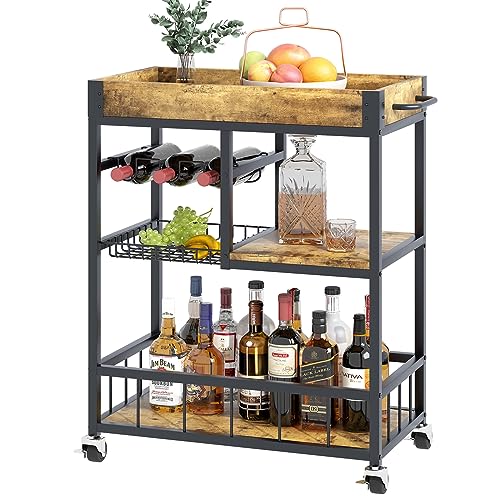 Bar Cart White Marble 3 Tiers Removable Storage Tray with Wine Rack & Wine Glasses Holder,Rolling Beverage Cart,Mobile with Handle, Wood & Gold Steels Home Kitchen Shelf for Party