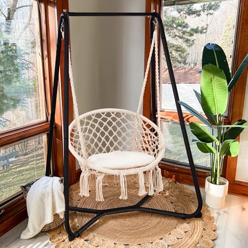 SUNCREAT Hammock Chair with Stand Included, Heavy Duty Hanging Chair with Stand, 330 lbs Capacity, Patent Pending, Grey