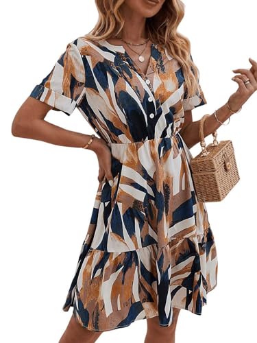 Milumia Women's Boho Tropical Print Button Front V Neck Short Sleeve Ruffle Hem A Line Short Dress