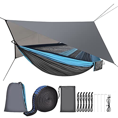 Camping Hammock with Mosquito Net Rain Fly Heavy Duty Tree Strap Nylon Parachute Single Double Hammock Tent Waterproof Rainfly Set for Camping Backpacking Backyard Patio Hiking Travel Outdoor