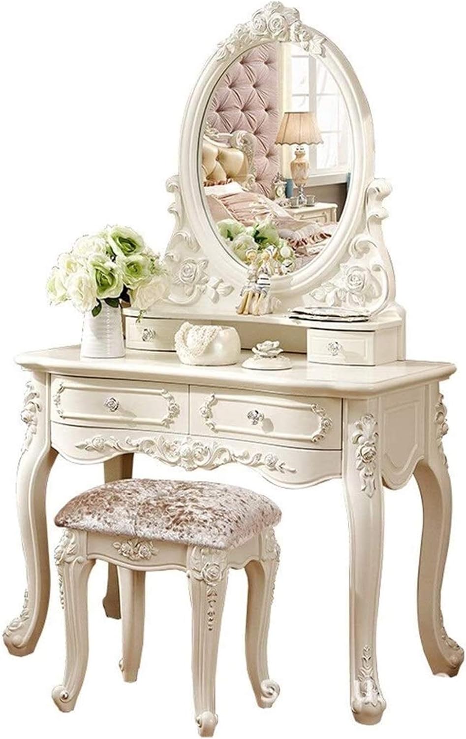 Luxury Dressing Vanity Table w/Stool for Bedroom, Dresser Table European Style Dressing Table Bedroom French Simple Rural Princess Small Apartment Mini
