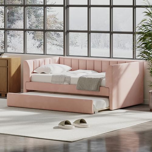 SOFTSEA Twin Upholstered Daybed with Trundle, Modern Velvet Upholstered Daybed Frame, Twin Size Sofa Bed for Living Room Bedroom, No Box Spring Needed, Pink
