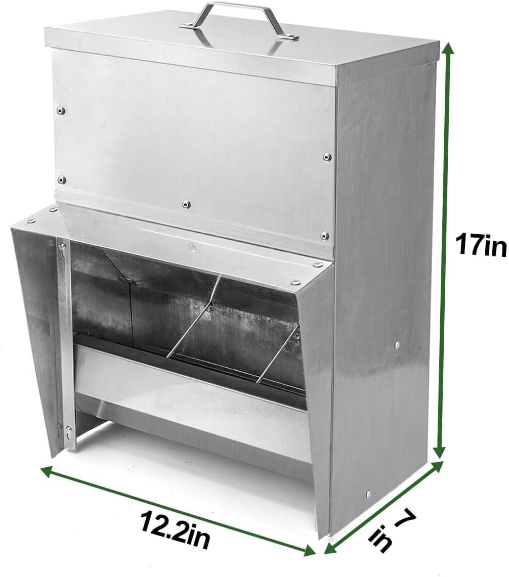 vensovo Galvanized Chicken Feeder - 25Lbs Outdoor Waterproof Metal Chicken Feeder with Lid, Coop Food Dispenser No Waste for Chicken, Haning or Stand Chicken Feeder