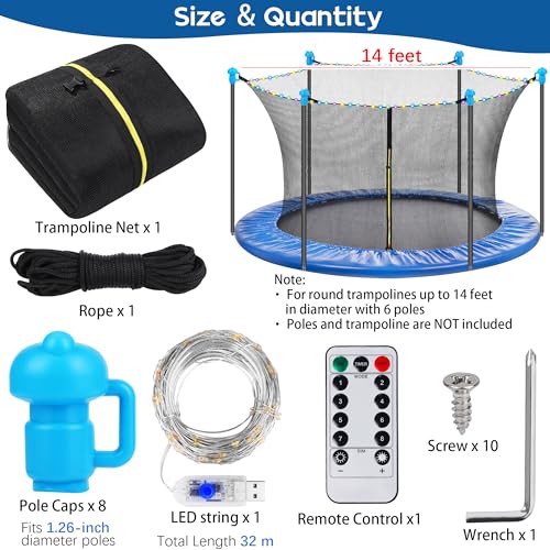 RUODON Trampoline Replacement Net 6 Poles Safety Enclosure Net with Luminous String Lights Remote, 8 Pcs Enclosure Pole Cap for 6 Straight Poles Round Frame Trampoline
