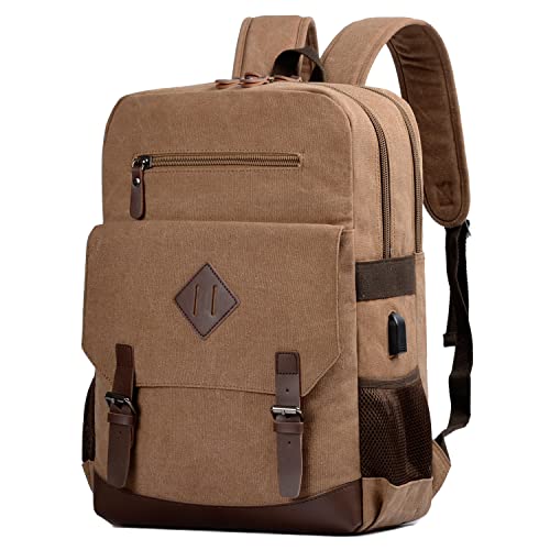 Canvas Vintage Laptop Backpack for Women Men, College Computer Bookbag Fits 17.3 Inch Laptop (Coffee)