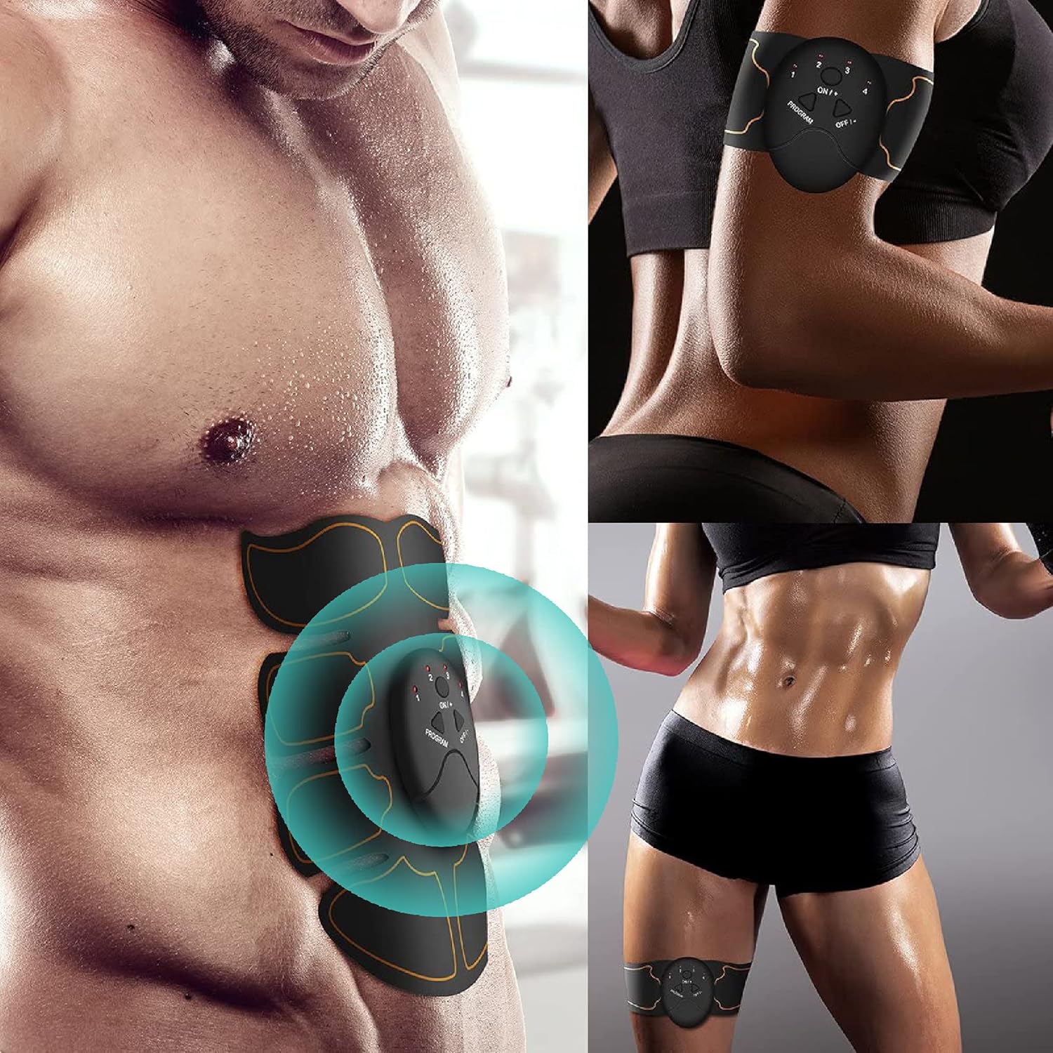 Abs Stimulator Abdominal Intelligent Muscle Toner Training Device 10 Extra Gel Pads Portable Fitness Workout Equipment for Men Women Home Office Equipment (Black)