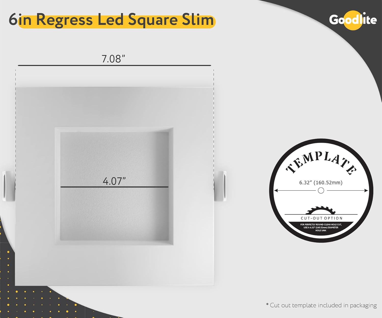 Goodlite 6-inch LED Regress Square Slim - Recessed Downlight, Multi-Watt 10-18-28W, 120-277V, CRI 90+, Wet & ETL, Triac & 0-10V Dimming, 950-1750-2750 Lumens, 5CCT 27K-30K-35K-41K-50K, 1ct (G-20246)