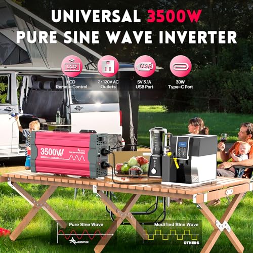 2500 Watt Pure Sine Wave Power Inverter 12V DC to 110V 120V Converter for Home, RV and Off-Grid Solar Systems with Type-C Port, 2 AC Outlets, Dual USB Ports, Remote Control with LCD Screen