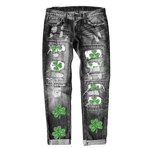 Women's Fashion Jeans 2024 Women's New Street Sampa Printed Perforated Straight Denim Trousers Features: