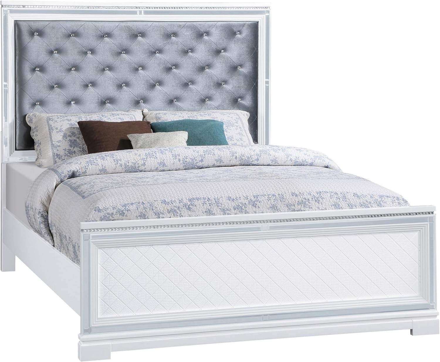 Benjara Axl Foam King Bed, Tufted Headboard, Velvet Upholstery, Frame, Silver and White