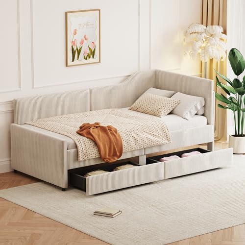 Twin Size Upholstered Daybed with 2 Storage Drawers, L-Shaped Corduroy Sofa Bed Frame with Wood Slat Support, Wooden Low Sofa Bed for Bedroom Livingroom (Pink-090)