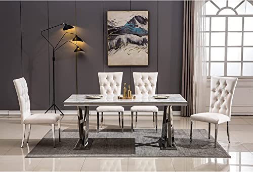 AZhome Dining Chairs, Grey Velvet Upholstered Dining Room Chair in Buttons Tufted, Silver Stainless Steel Legs(Set of 8)