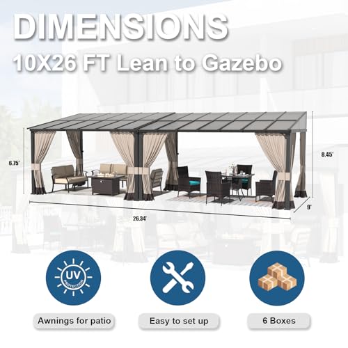 10' x 28' Gazebo,Outdoor Pergola Large Wall-Mounted hardtop Lean to Gazebo with Sloped Roof and Double Curtains & Netting,Awnings for Patio,Backyard,Deck,Garden,Navy