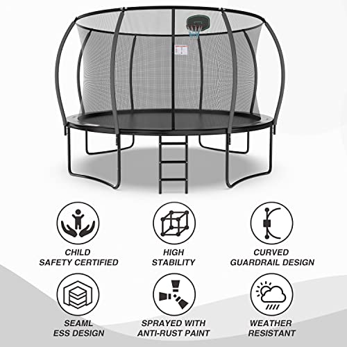 Trampᴏline with Safety Enclosure Net - 12FT Recreational Trampᴏlines with Ladder and Basketball Hoop, ASTM Approval- Outdoor Trampᴏline for Kids and Adults