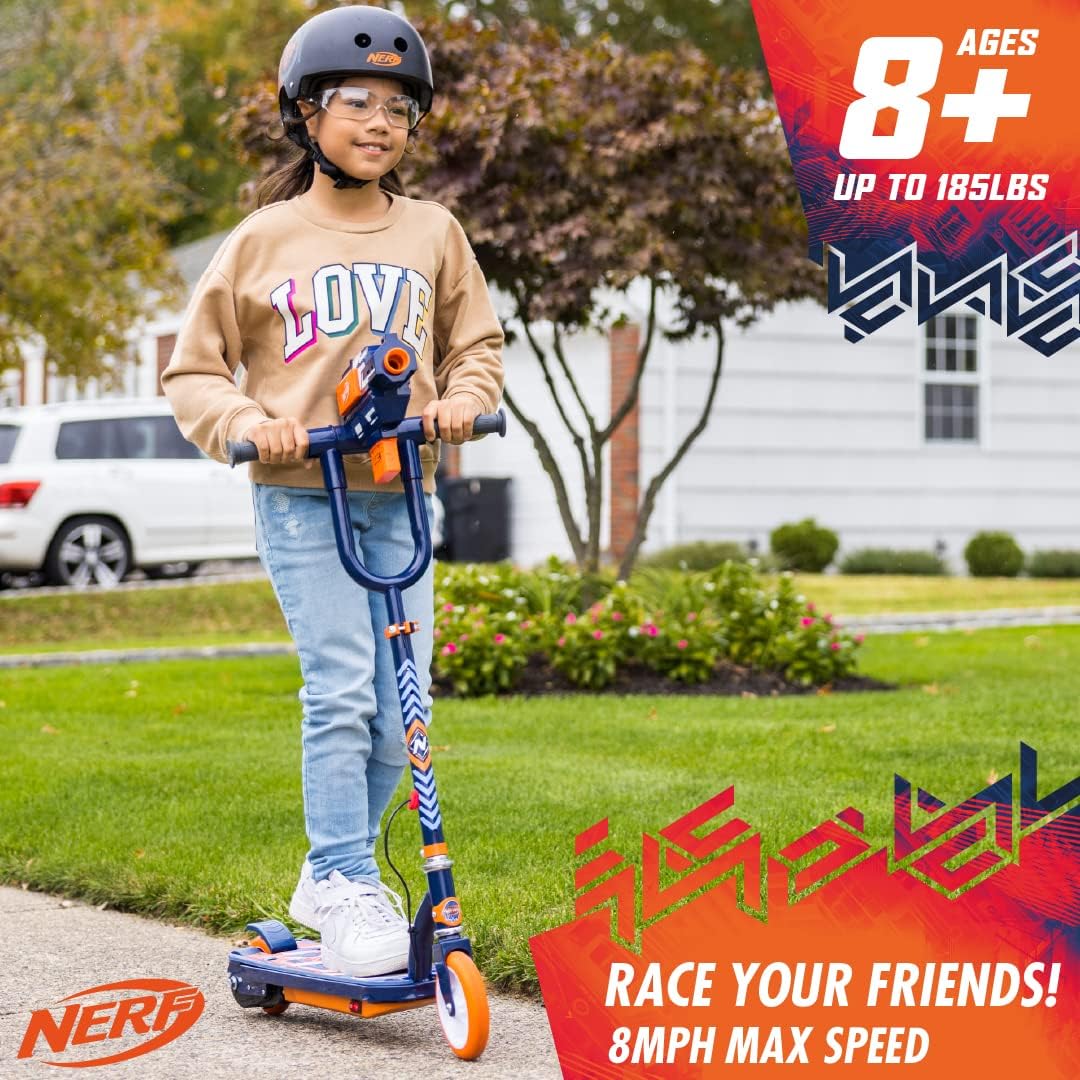 NERF Kids Electric Scooter - Kick Scooter, NERF Blaster, Fires Up to 60 Feet, Adjustable Height, Anti-Slip Deck, Rear Brake, E Scooter for Kids, Kids Scooter, Outdoor Toys, Ages 8+, Up to 185 lbs
