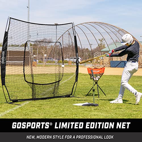 GoSports 7 ft x 7 ft Baseball & Softball Practice Hitting & Pitching Net with Bow Type Frame, Carry Bag and Strike Zone - Choose Red, Black, or PRO, Great for All Skill Levels
