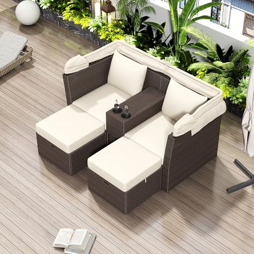 6-Pieces All Weather PE Wicker Sofa Set, Modular Rattan Outdoor Patio Furniture Sets with Double Cushions,Wicker Patio Conversation Set for Backyard, Deck, Poolside,6 PCS Beige