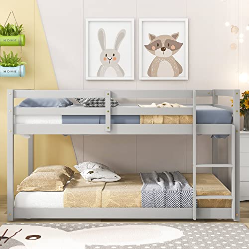 Twin Over Twin Floor Bunk Bed,Solid Wood Bunk Bed Frame with Safety Guardrail & Safety Wooden Ladder for Kids Bed Bedroom,Easy to Assemble, Saving Space (Natural)