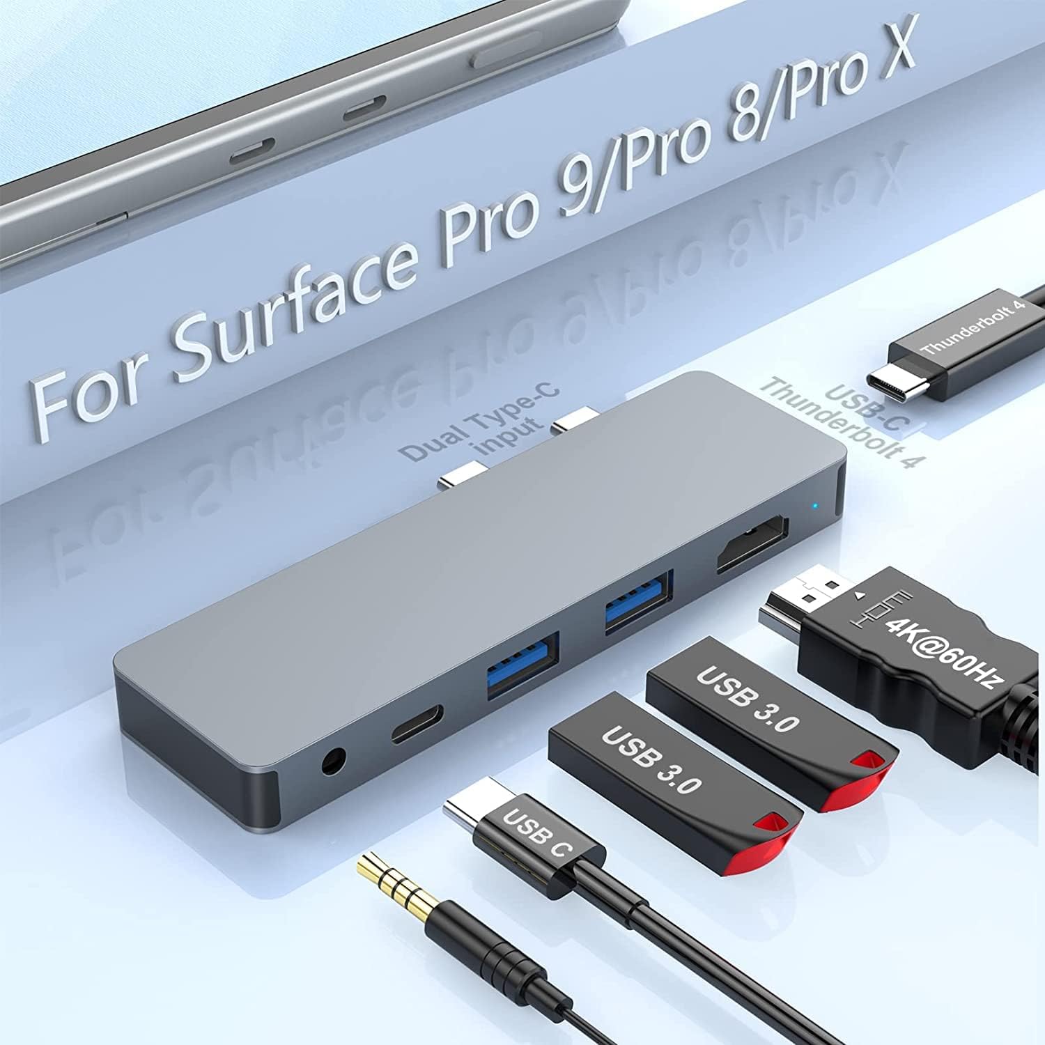 Surface Pro 9 Docking Station 4K@60HZ HDMI, 6-in-2 MS Surface Pro 9 Hub with USB-C Thunderbolt 4(Video+Data+100W Charge), 2X USB3.0, Type C Data, Audio Surface Dock for Microsoft Surface Pro 9/8/X