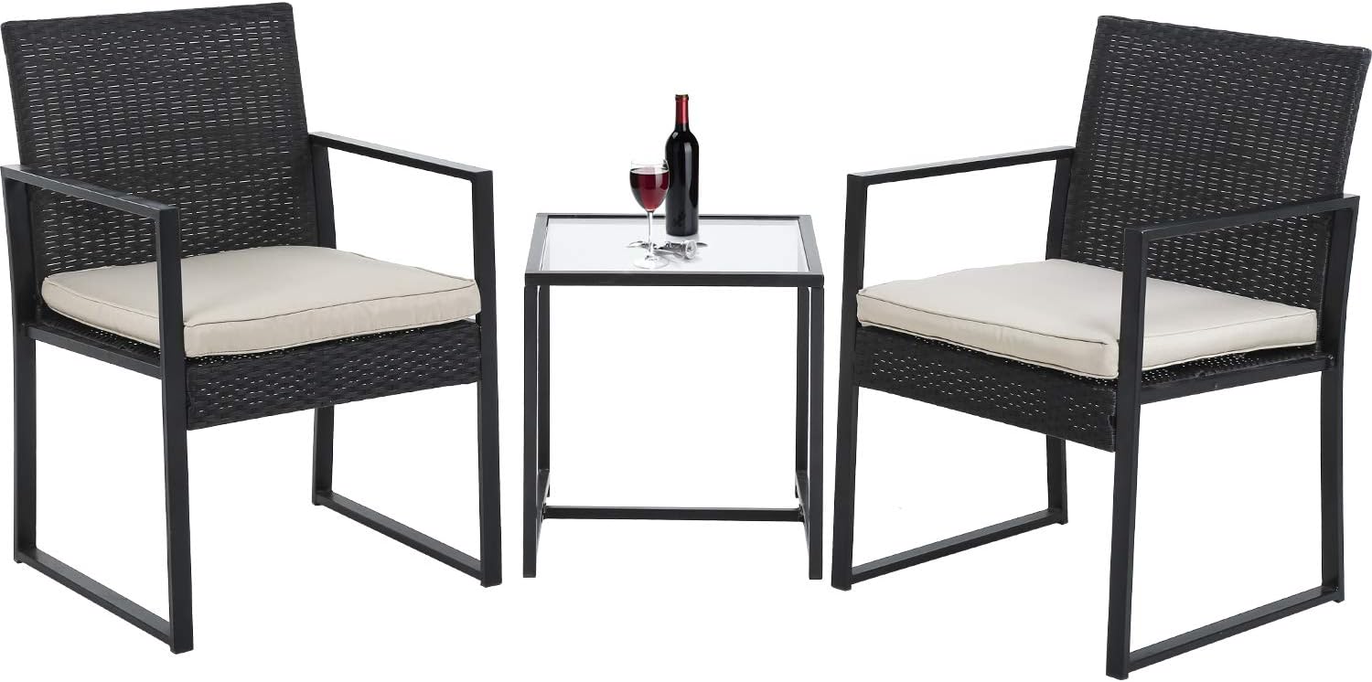 FDW Outdoor Patio Furniture Coffee Table for Yard 3 Pieces Wicker Modern Bistro Conversation Sets, Black