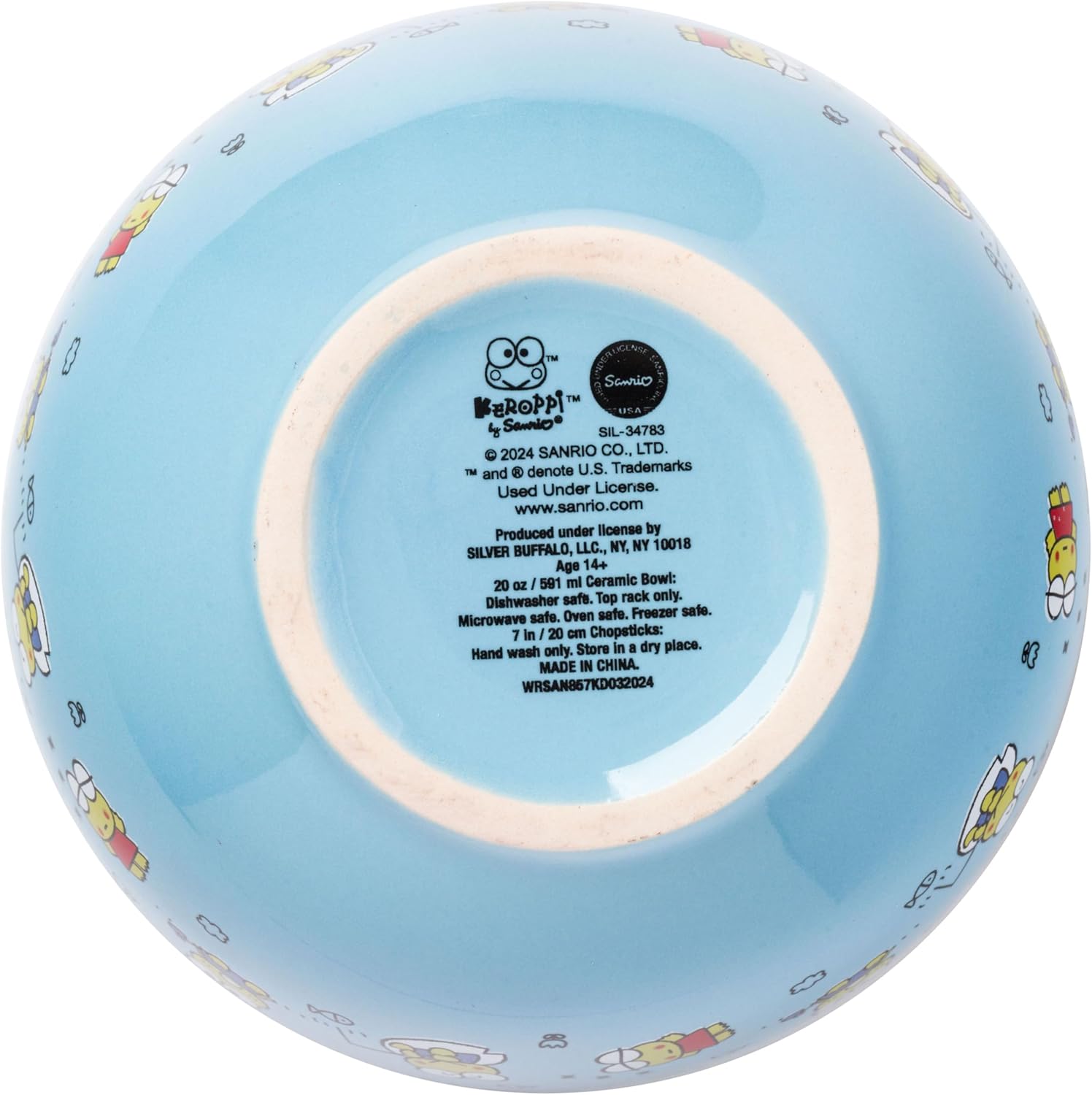 Silver Buffalo Sanrio Hello Kitty and Friends Keroppi Fishing and Doodling Ceramic Ramen Noodle Rice Bowl with Chopsticks, Microwave Safe, 20 Ounces