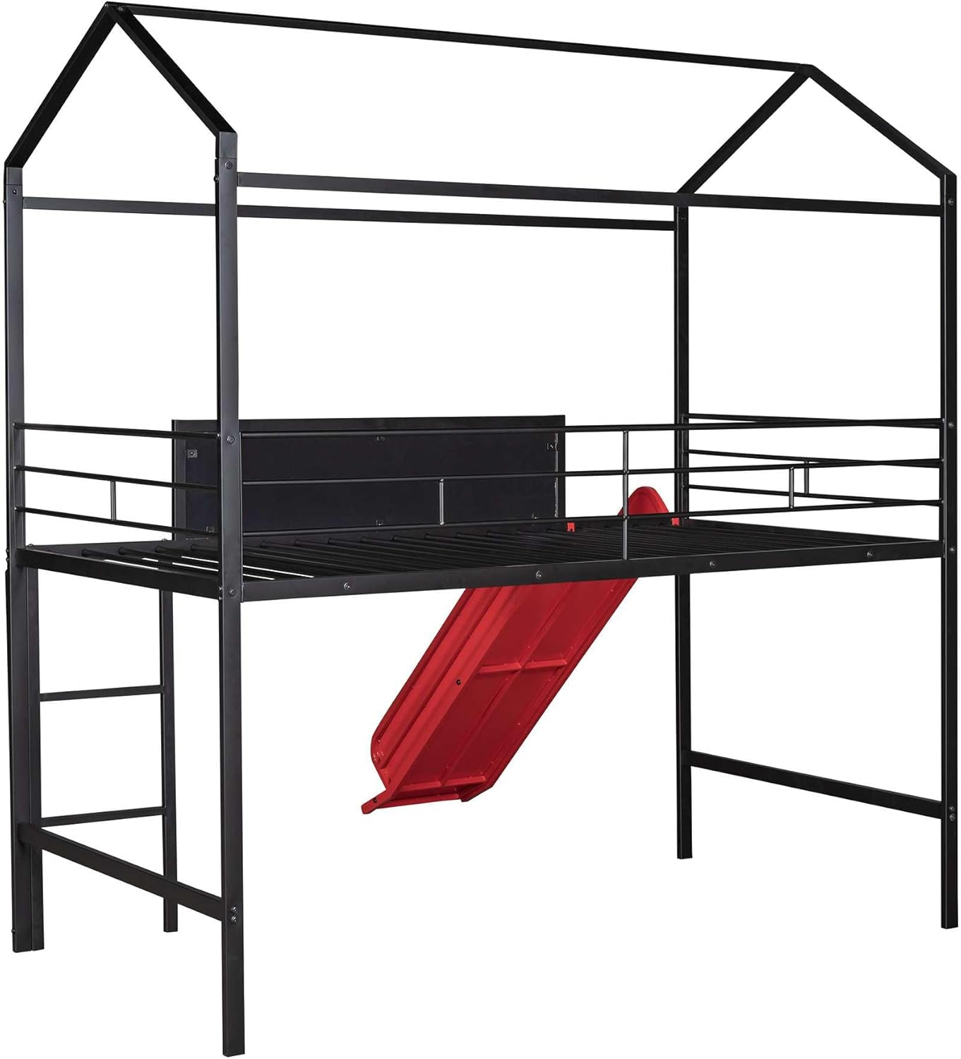 Adventure-Ready Twin Metal Loft Bed with Slide and Writable Wooden Boards in Black and Red - Create, Play, and Sleep in Style!