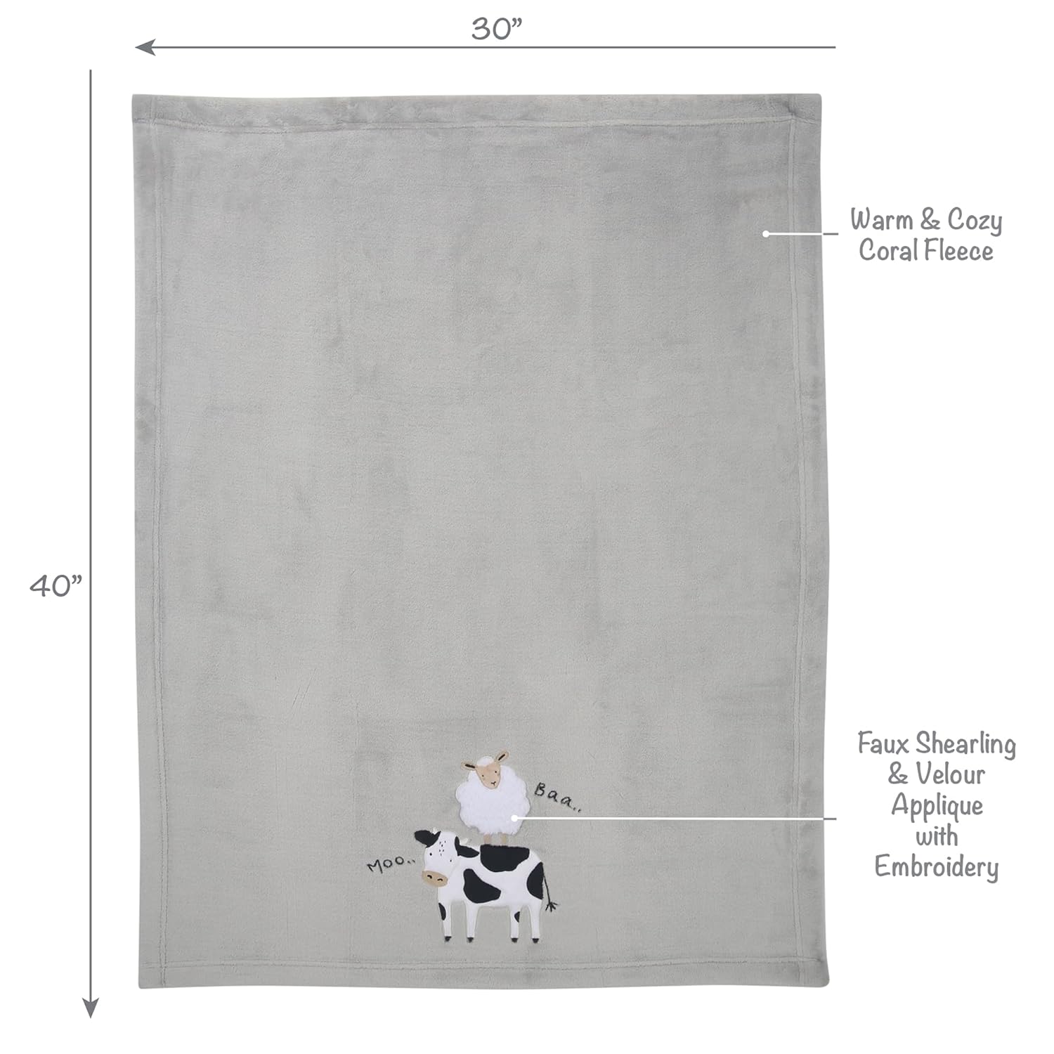 Lambs & Ivy Baby Farm Cow/Sheep Appliqued Gray Luxury Fleece Baby Blanket