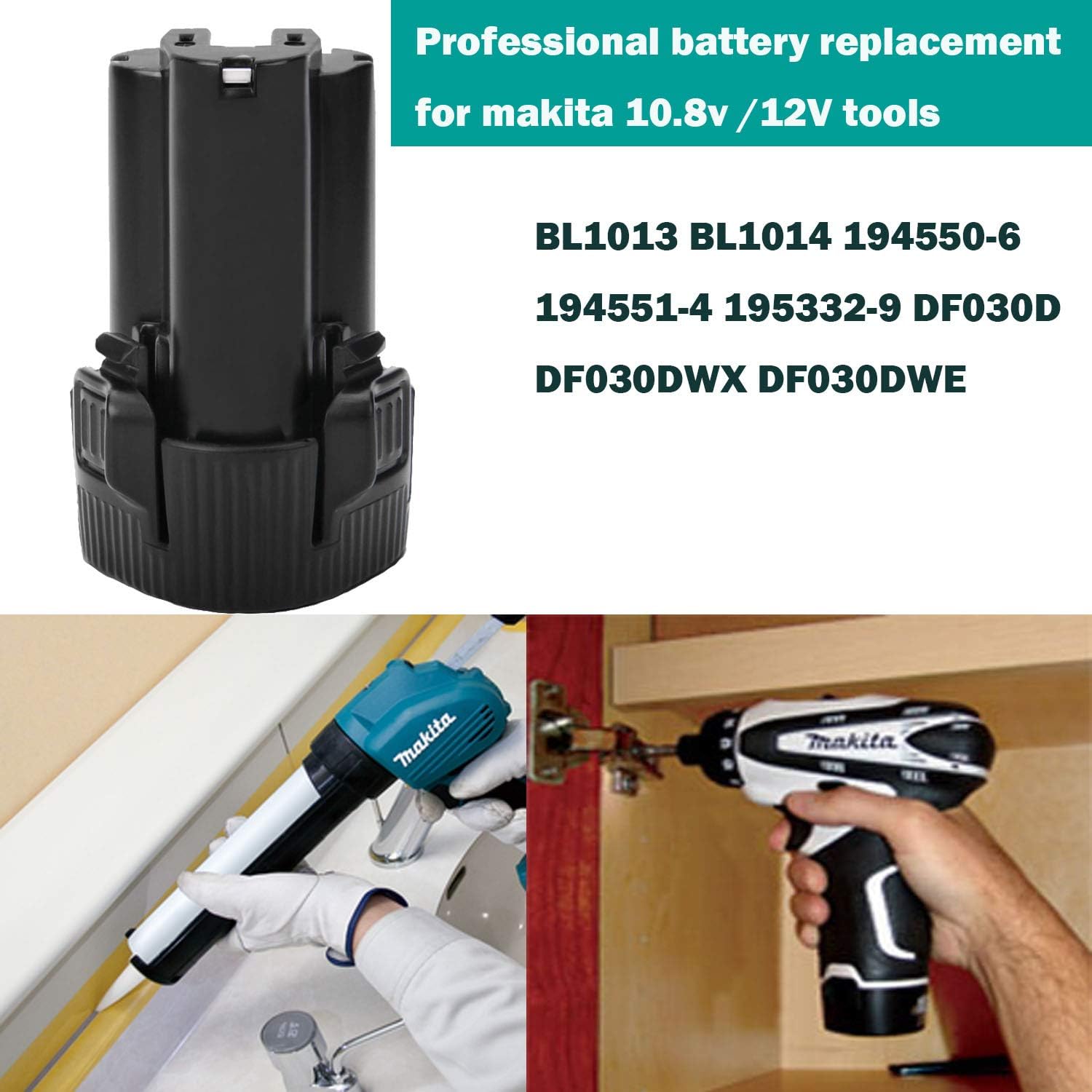 CREABEST New 10.8V 3000mAh BL1013 Battery Li-ion Compatible with Makita BL1014 DF030D DF330D LCT203W 194550-6 194551-4 195332-9