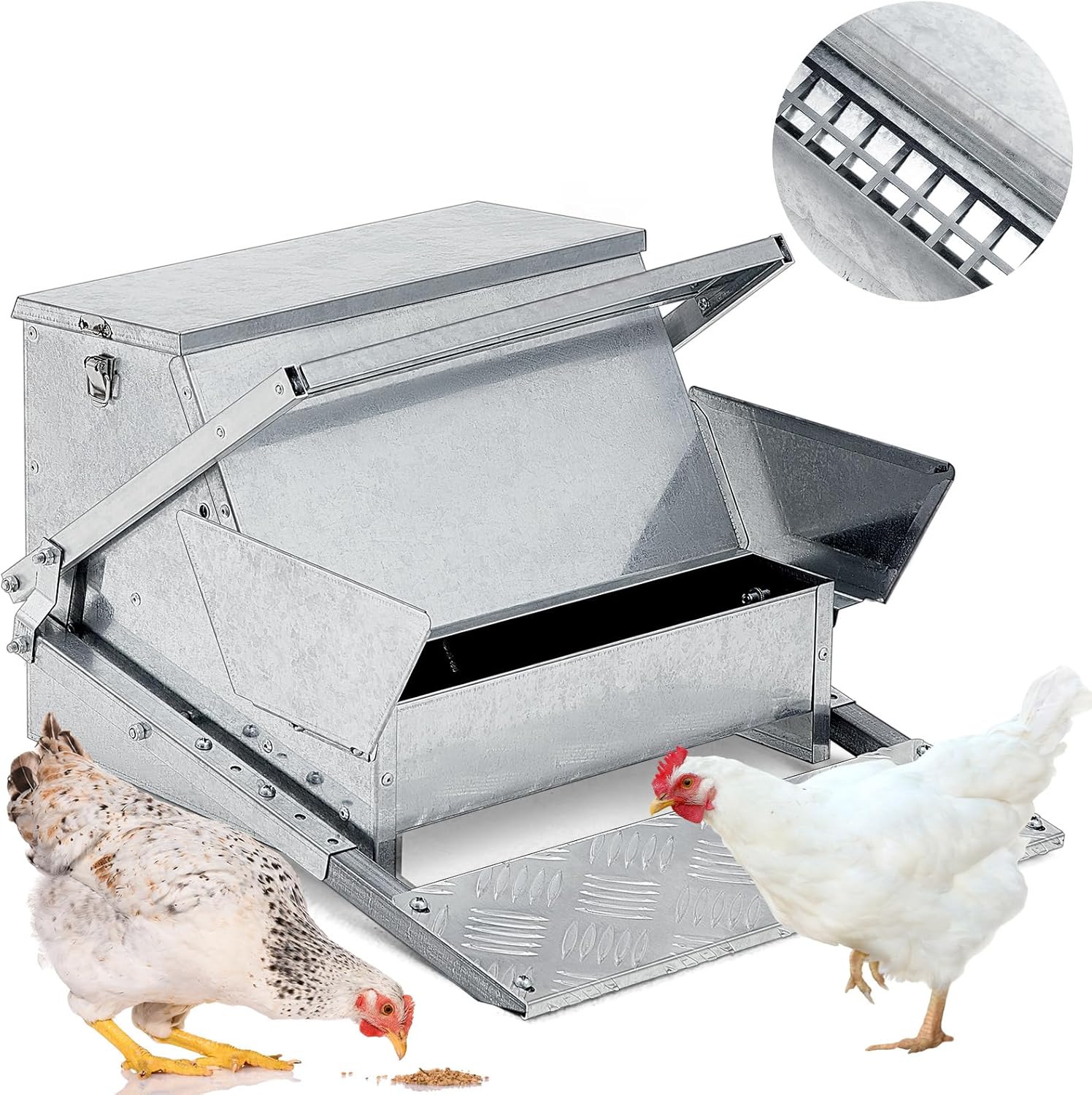Zhehao Automatic Galvanized Chicken Feeder 25lb Self Opening Sheet Poultry Feeders Metal Treadle Feeders with Weatherproof Lid for Outdoor Fowl Duck, Feeds 6-12 Poultry up to 7 Days, 20 x 14 x 11 Inch