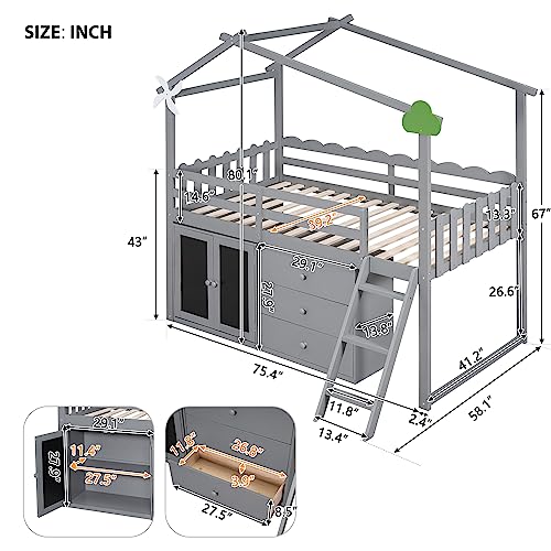Twin Size House Bed with Roof, Windmill and Cloud Decors, Functional Wood Bed with Cabinet, 3 Storage Drawers, Black Board, Built-in Ladder and Guardrails, 75.4