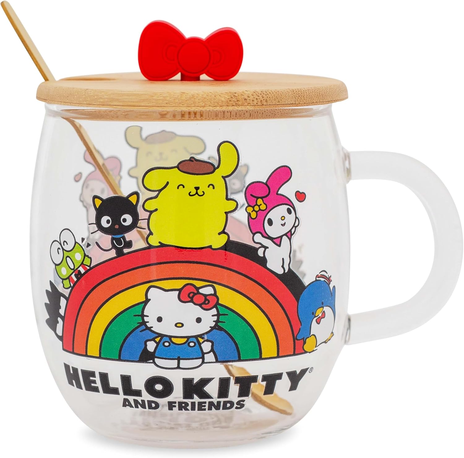Silver Buffalo Sanrio Hello Kitty and Friends Rainbow Glass Mug With Bow-Topper Lid and Spoon | Large Coffee Cup For Tea, Espresso, Cocoa | Holds 17 Ounces