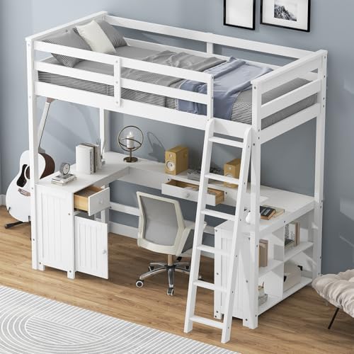 White Wooden Twin Size Loft Bed with Built-in Desk and Bookshelves, Solid Wood High Bedframe w/Storage Cabinet, 2 Drawers, Ladder and Guardrails, Wood Slats Support White Twin Size