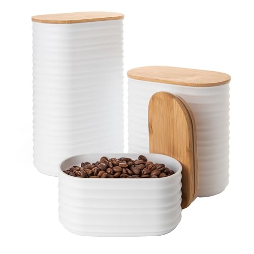 Mixpresso 3 Piece Set Of Airtight Plastic Canister With Bamboo Lid, Canisters For Kitchen Counter, Coffee And Sugar Canister Set, Decorative Sugar Container, Kitchen Decor For Counter (Light Grey)
