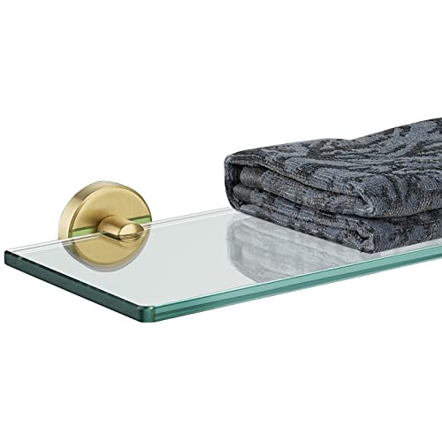 JQK Small Floating Glass Shelves Brushed, 4 Inch Display Ledges for Wall, Mini Decor, Living Room Bedroom Bathroom, Tempered Glass Shower Storage, 2 Pack, TGS101L4-BN-P2