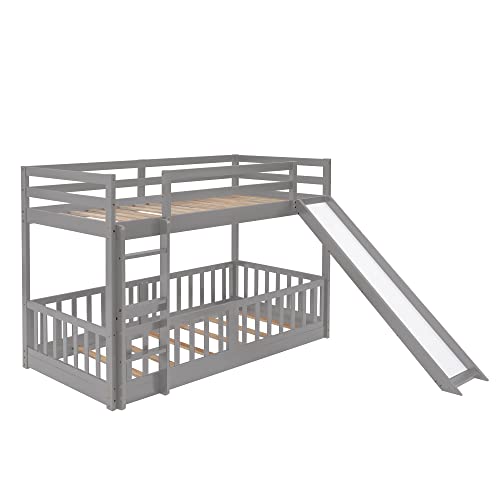 Twin Over Twin Bunk Bed with Slide and Ladder, Functional Playhouse Design Wood Bed Frame with Full-Length Guardrails, No Box Spring Required, 77.3