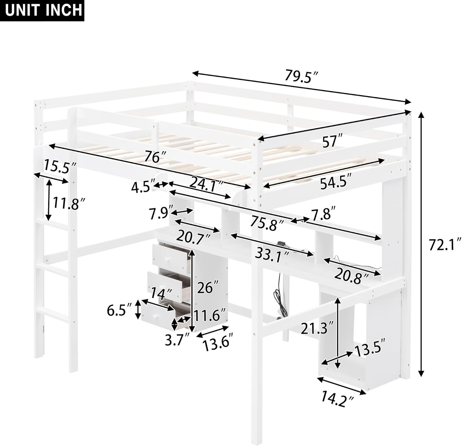 Full Size Loft Bed with Desk,Wood Full Bed with Storage Shelves,Drawers and Cabinet, Loft Bed Full with Charging Station,LED Light and Bedside Tray for Kids Boys Girls,White