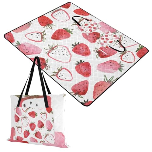 Strawberry Watercolor Picnic Blankets - Extra Large Waterproof Foldable Portable Picnic Blanket, 60''x80'' Beach Blanket Outdoor Mat for Grass Park, Hiking, Travel