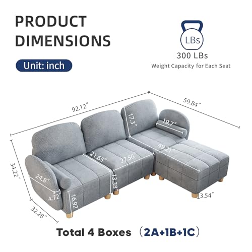 LLappuil Modular Sectional Couch, Convertible L Shaped Sectional Sofa for Living Room 4 Seater Sofa in Cozy Removable Covered Teddy Velvet Fabric,with Coffee Table Ottoman (Grey)